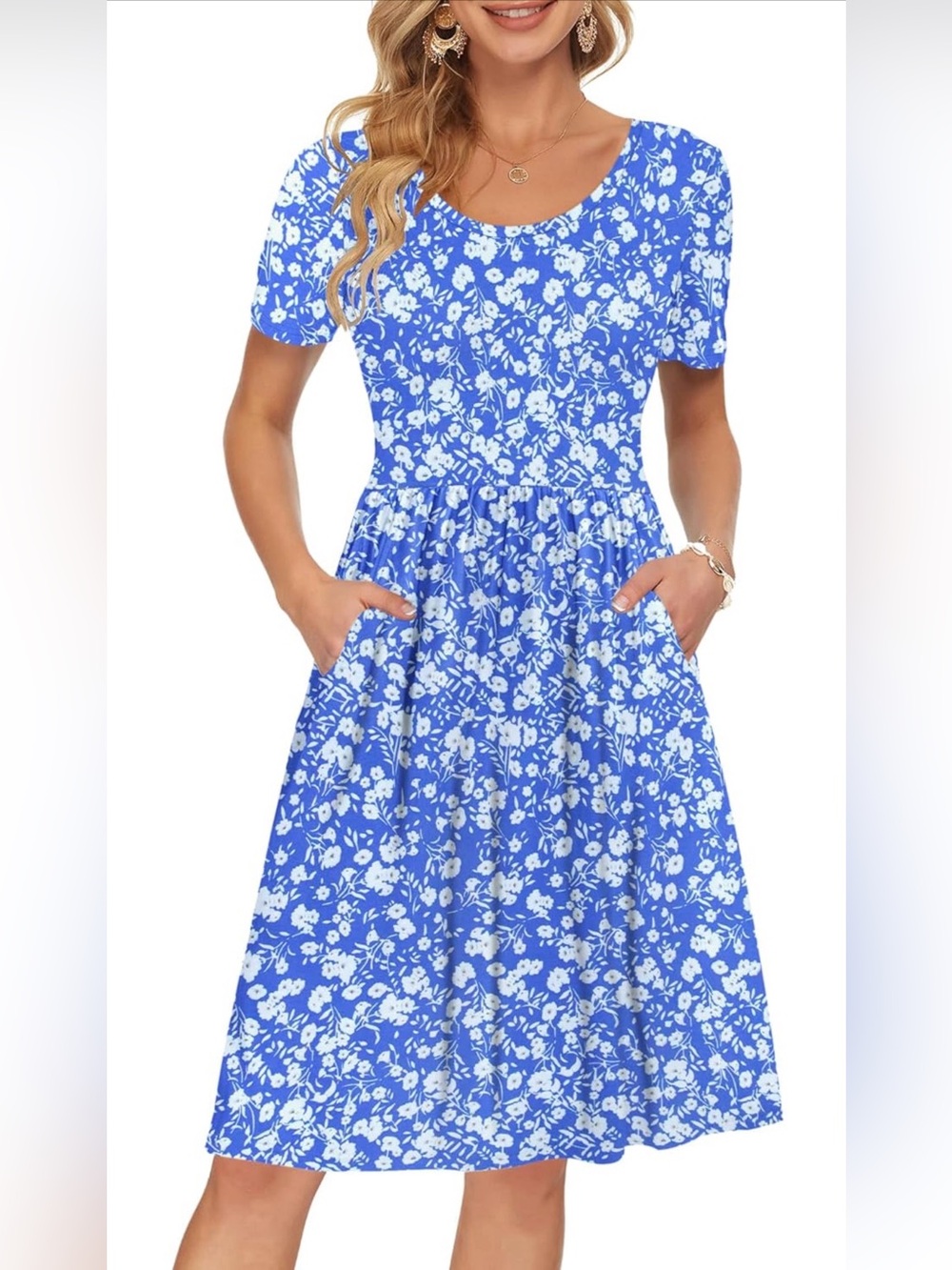 NWT Auselily Blue Floral Short Sleeve Midi Dress Pleated Skirt Pockets, Large